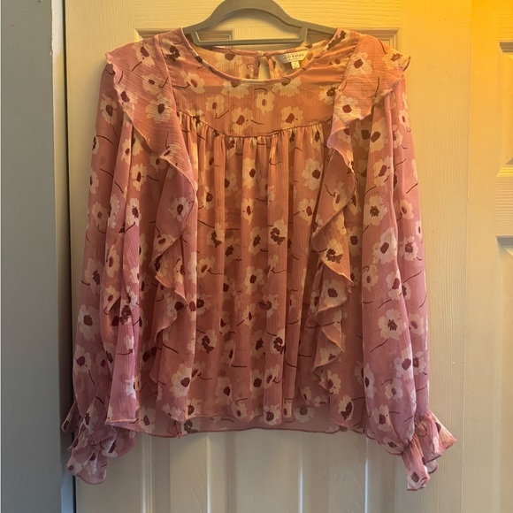 Lucky Brand Floral Pink Boho Ruffle Long Elastic Sleeves Blouse: Small - Picture 1 of 3
